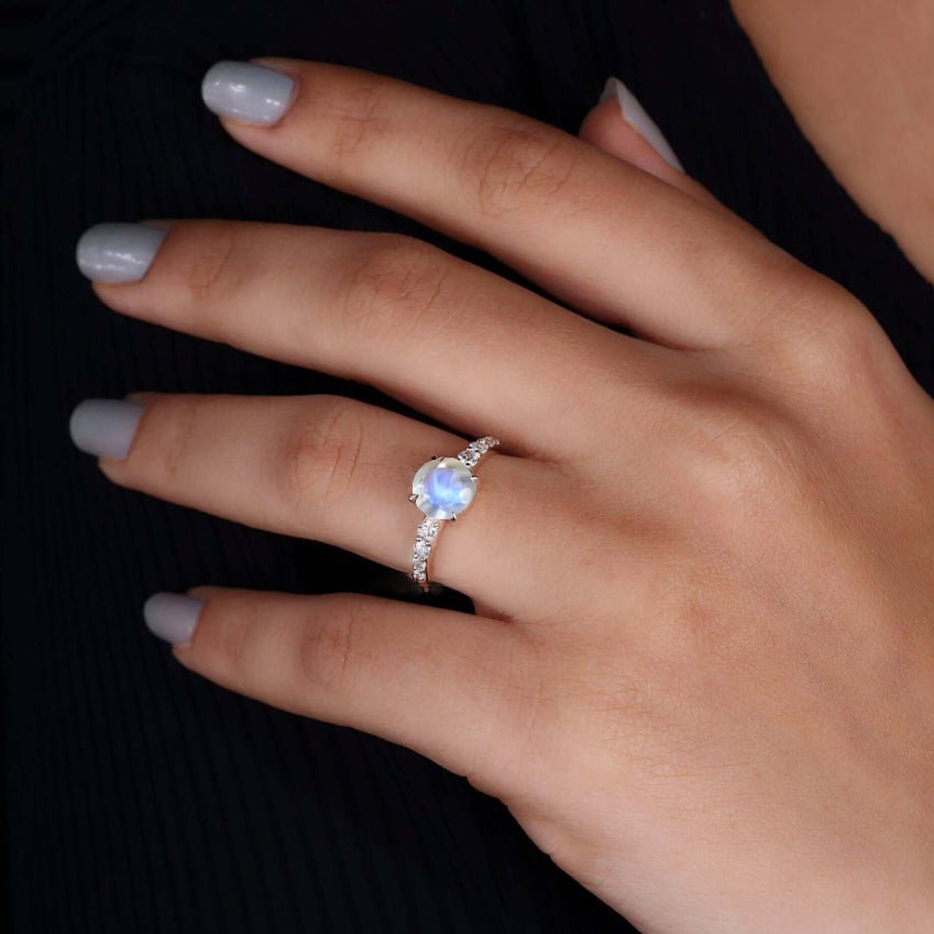 7 MM Round Shape Natural Moonstone Wedding Ring with White Zircon - Goodstone Jewels