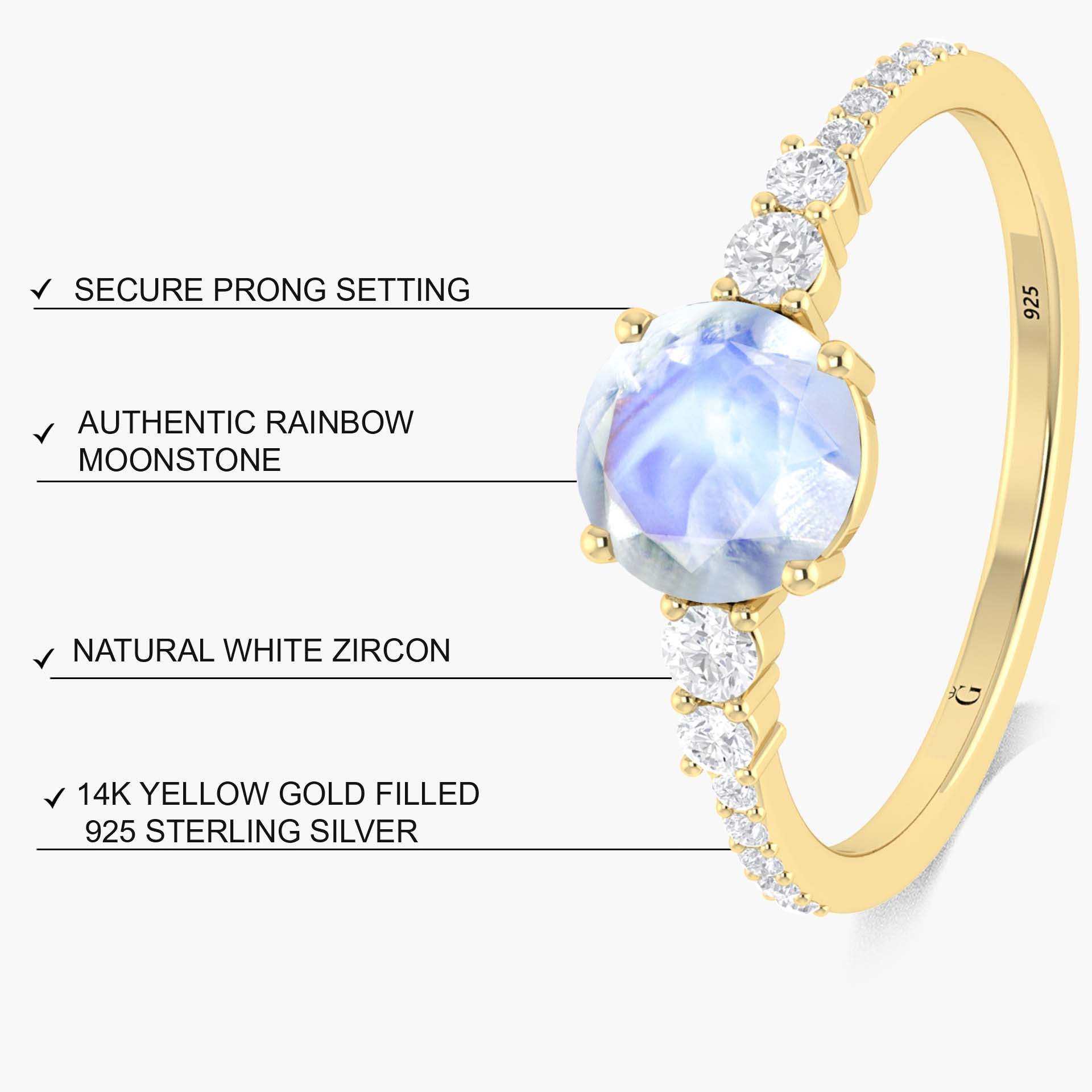7 MM Round Shape Natural Moonstone Wedding Ring with White Zircon - Goodstone Jewels