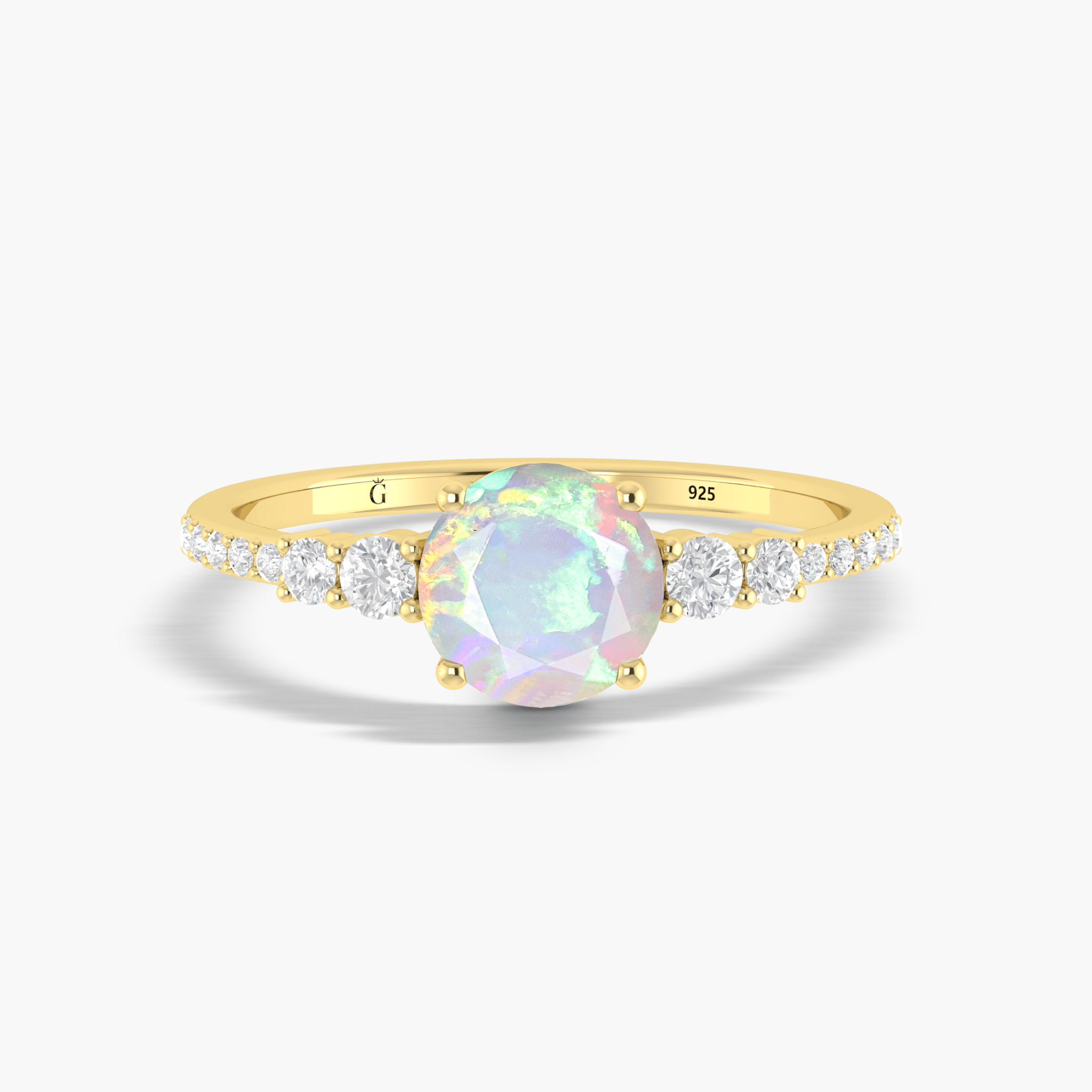 7 MM Round Shape Natural White Opal Wedding Ring with White Zircon - Goodstone Jewels
