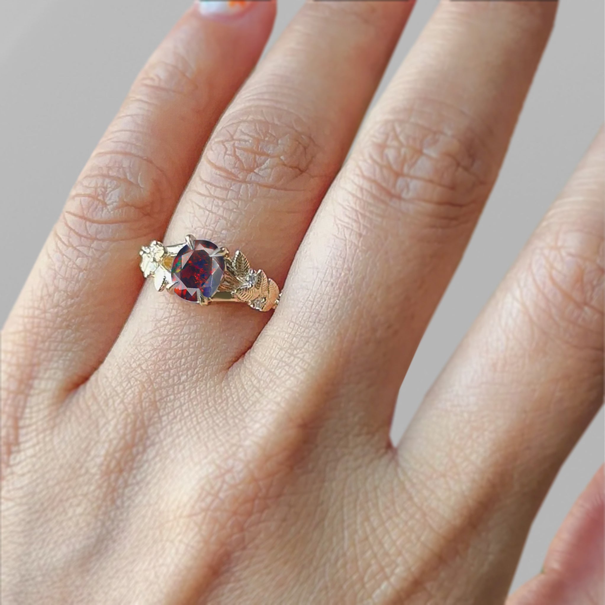 8X6 MM Oval Shape Natural Black Opal Leaf Style Solitaire Ring - Goodstone Jewels