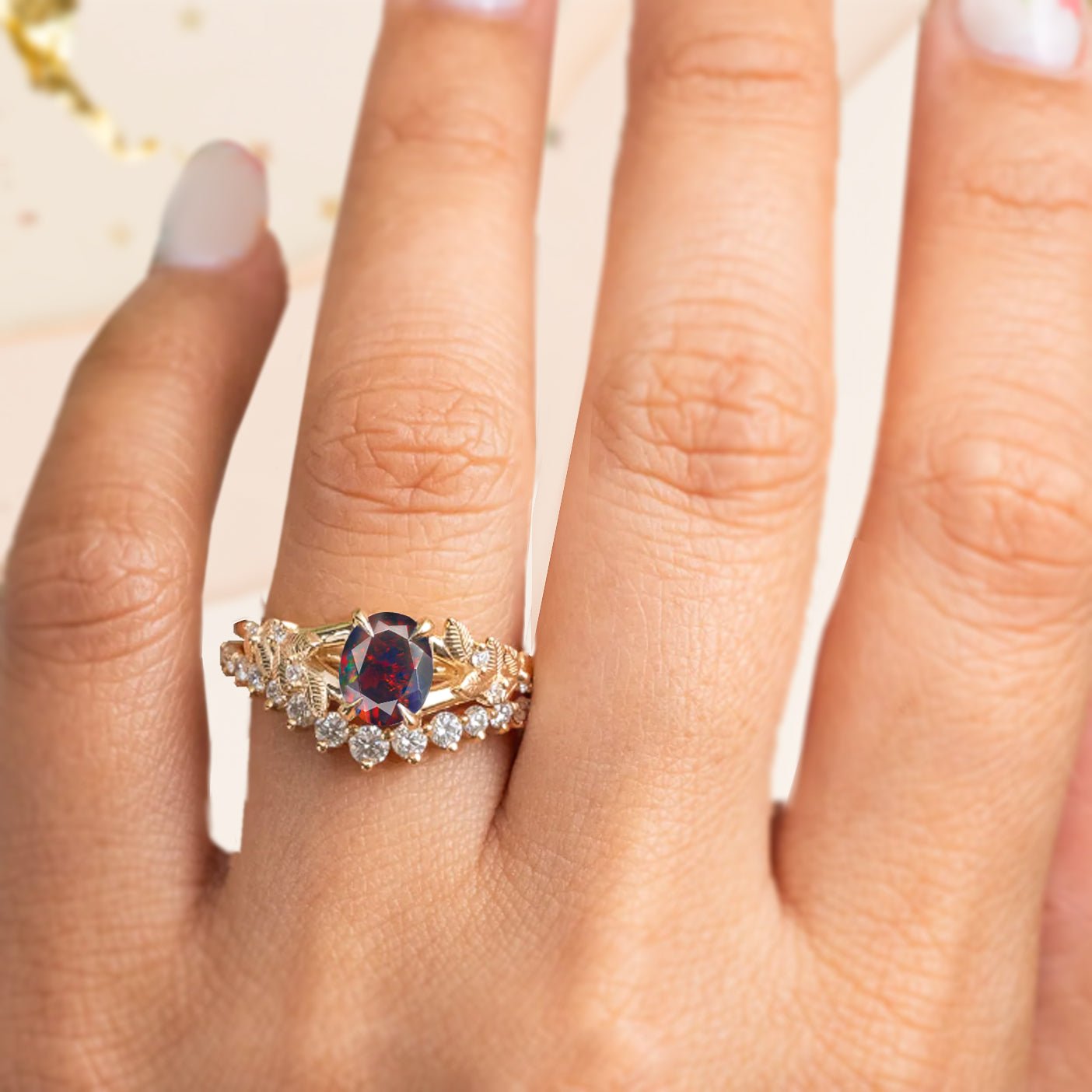 8X6 MM Oval Shape Natural Black Opal Leaf Style Solitaire Ring - Goodstone Jewels