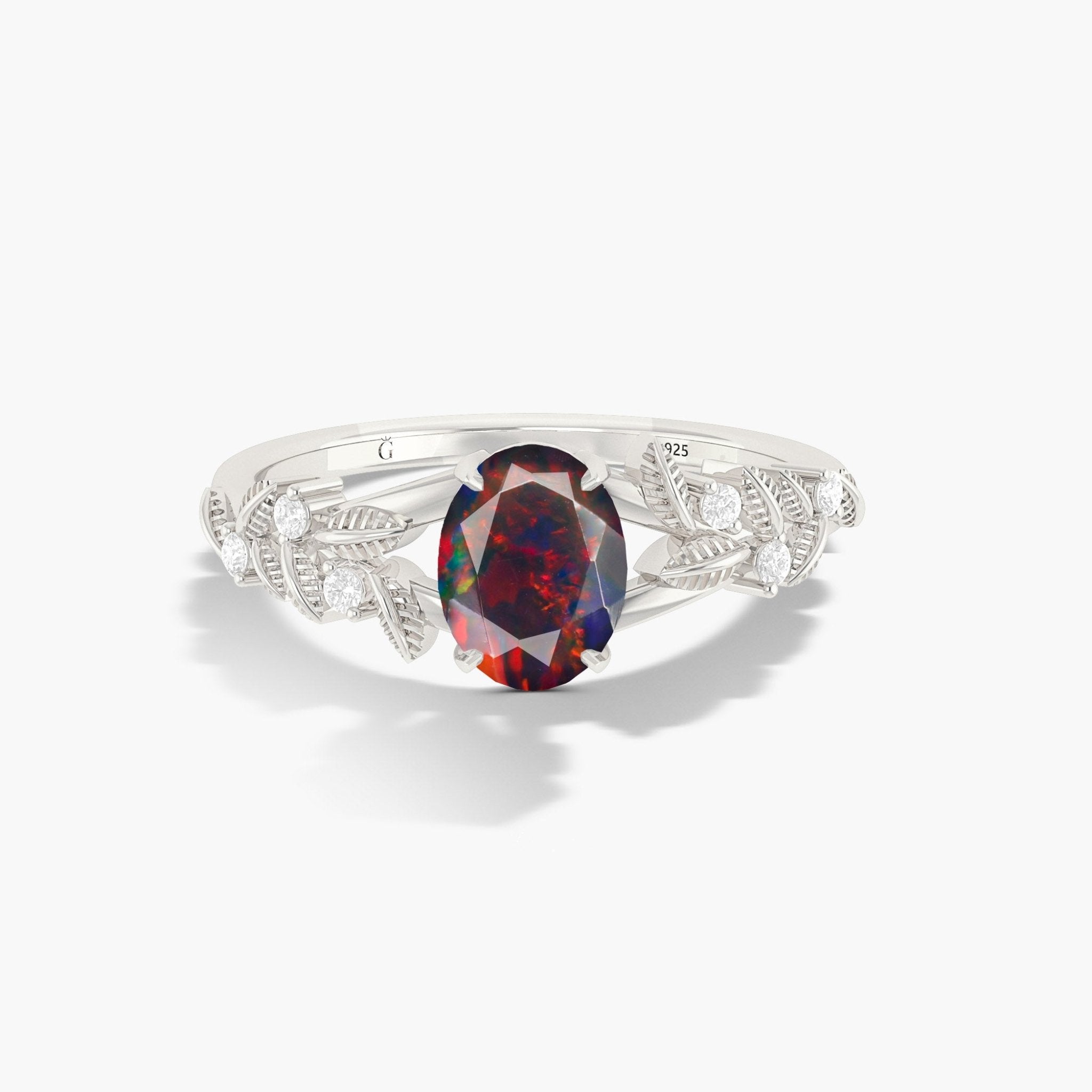 8X6 MM Oval Shape Natural Black Opal Leaf Style Solitaire Ring - Goodstone Jewels