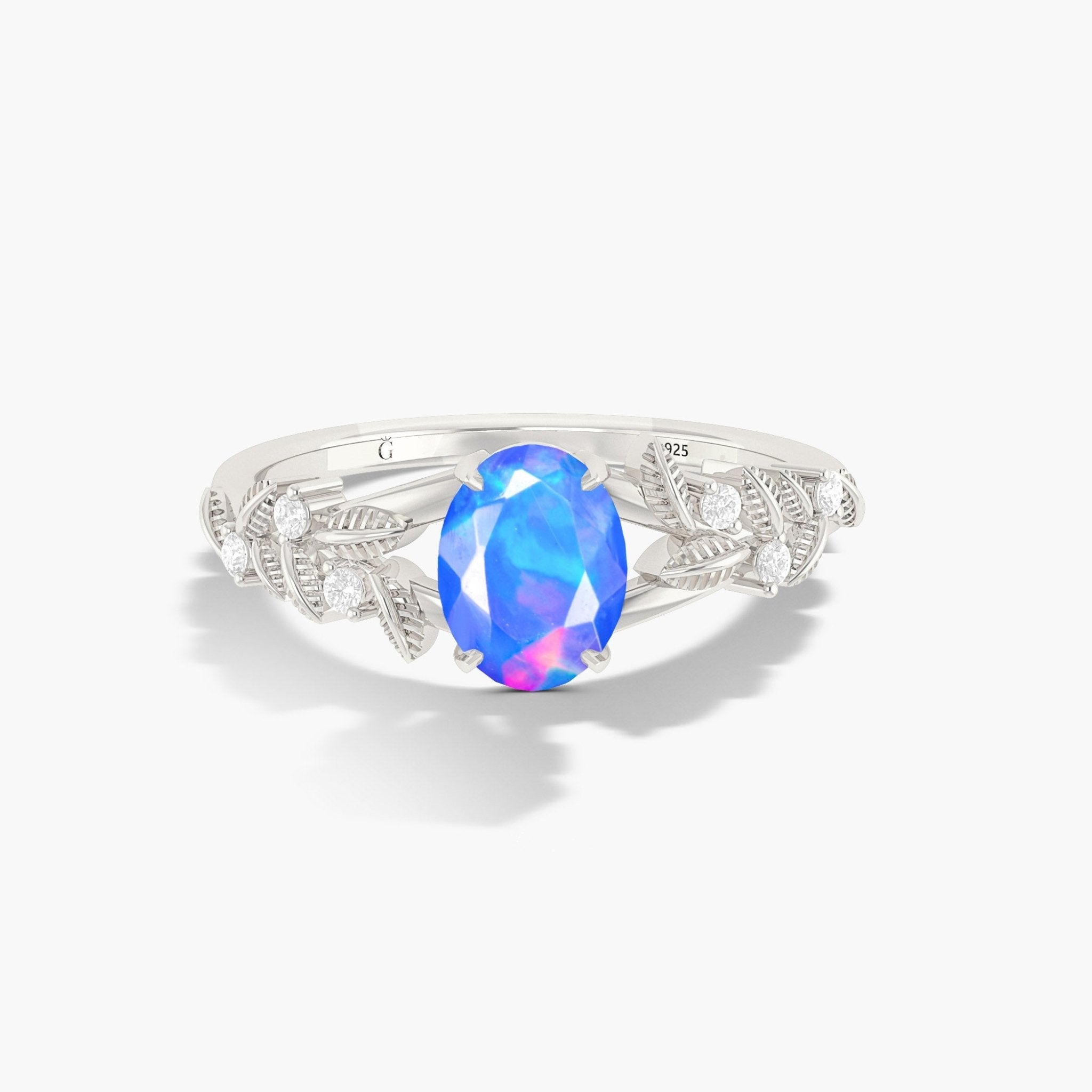 8X6 MM Oval Shape Natural Blue Opal Leaf Style Solitaire Ring - Goodstone Jewels