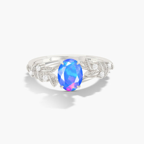 Natural Blue Opal Leaf Solitaire Ring with 925 Silver