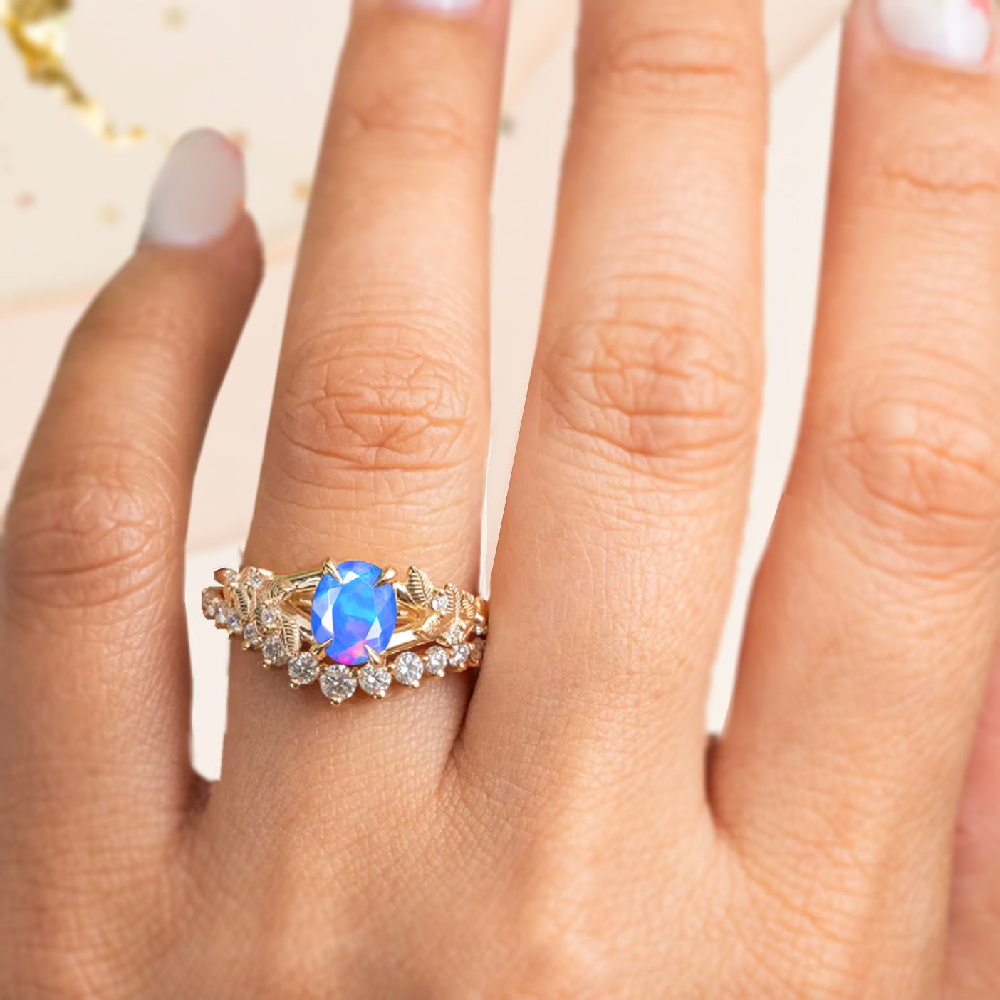 8X6 MM Oval Shape Natural Blue Opal Leaf Style Solitaire Ring - Goodstone Jewels