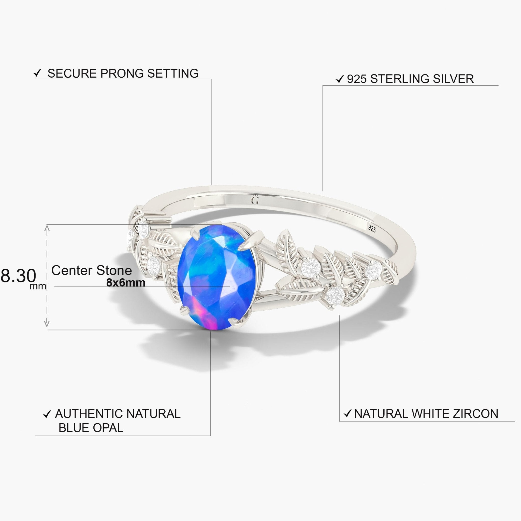 8X6 MM Oval Shape Natural Blue Opal Leaf Style Solitaire Ring - Goodstone Jewels