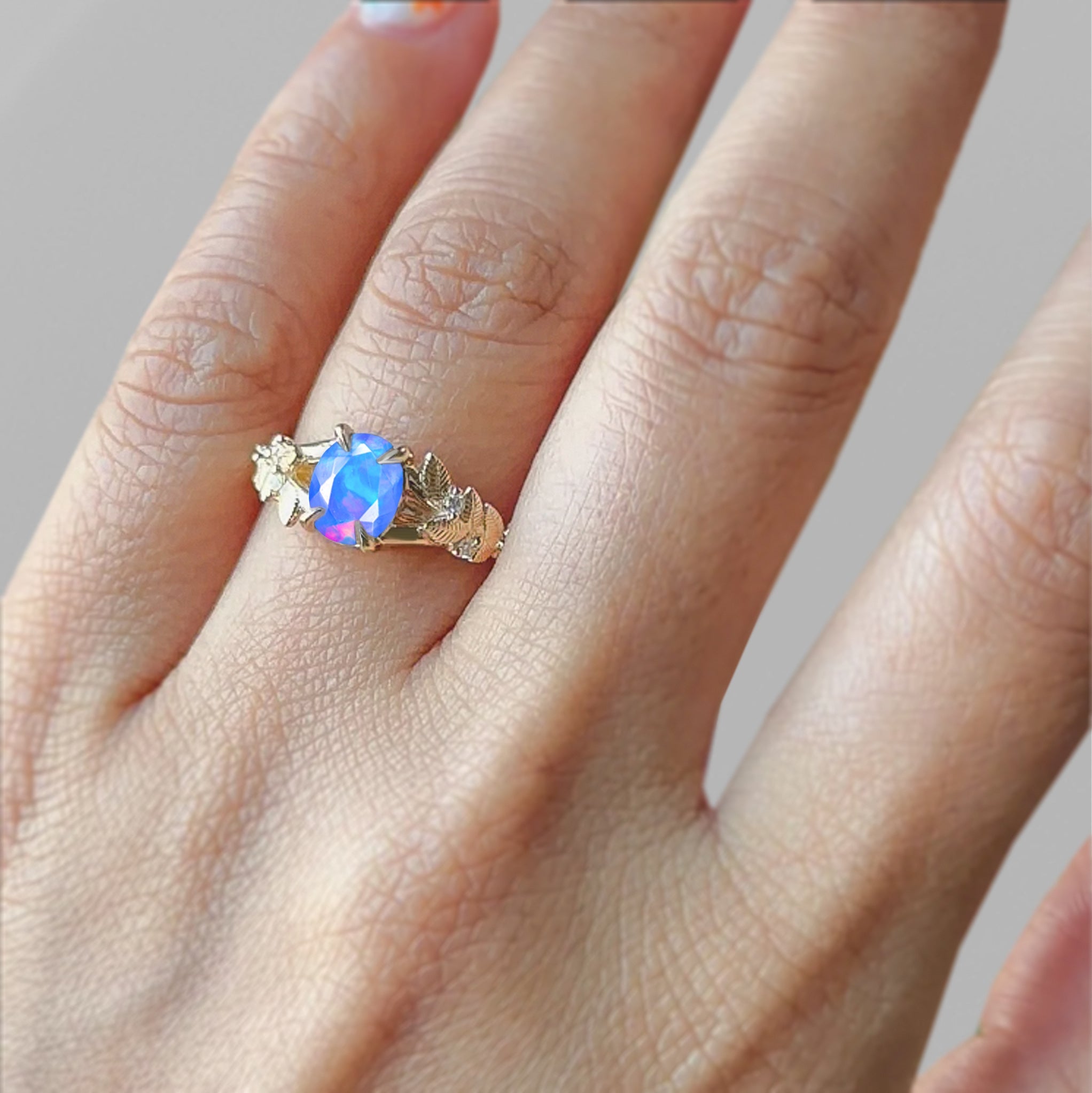 8X6 MM Oval Shape Natural Blue Opal Leaf Style Solitaire Ring - Goodstone Jewels