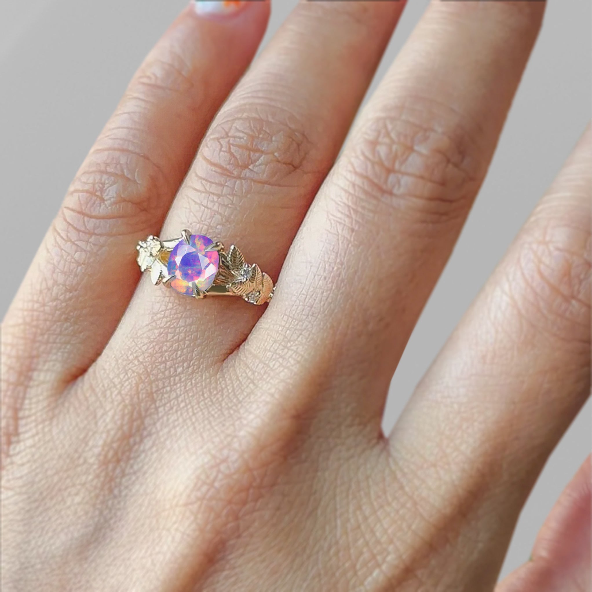 8X6 MM Oval Shape Natural Lavender Opal Leaf Style Solitaire Ring - Goodstone Jewels