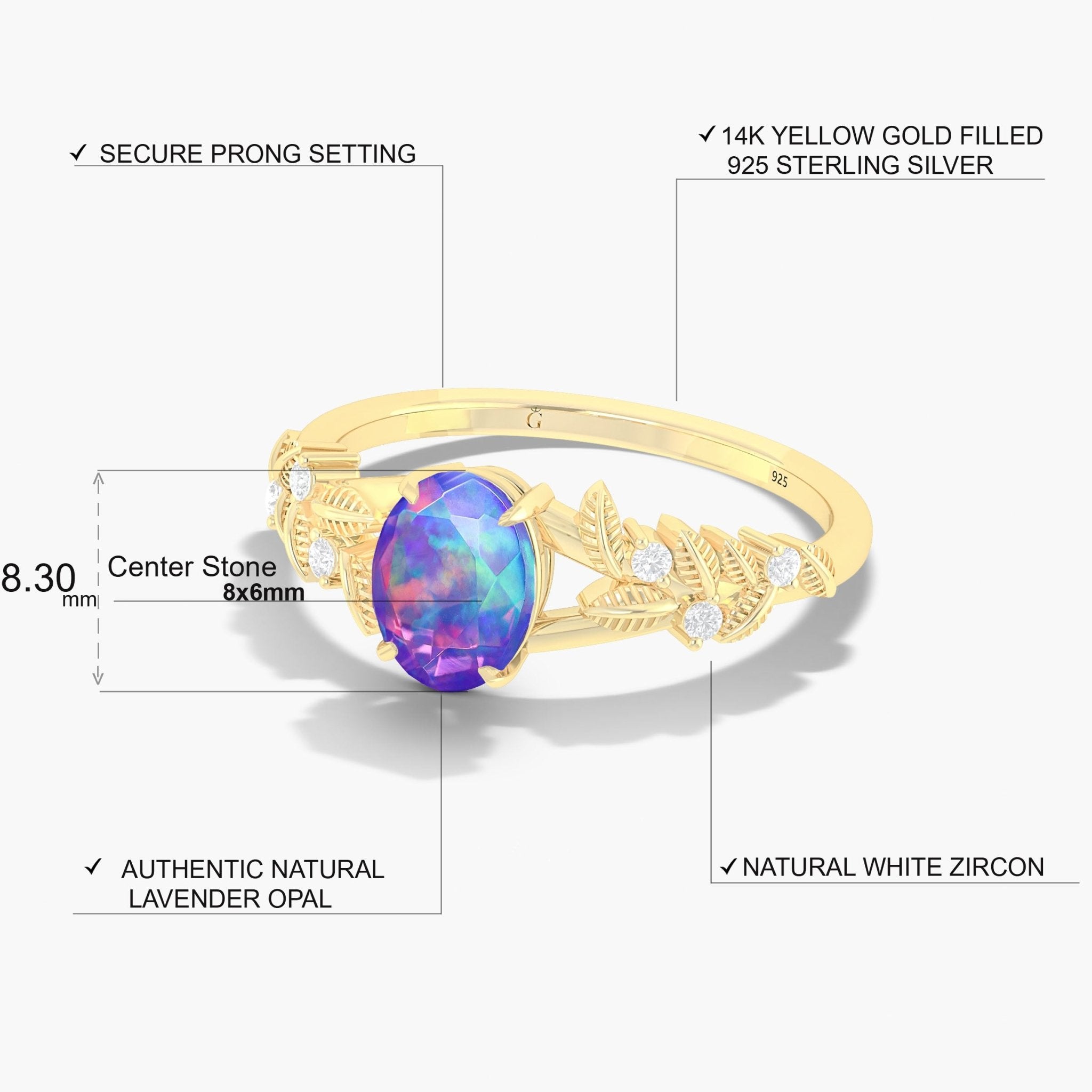 8X6 MM Oval Shape Natural Lavender Opal Leaf Style Solitaire Ring - Goodstone Jewels