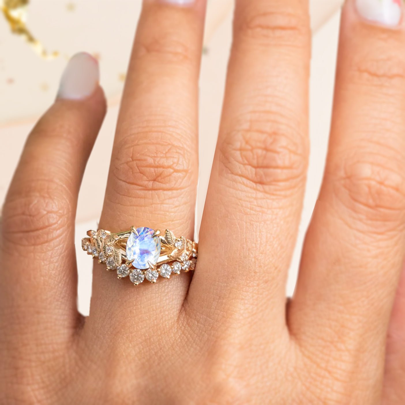 8X6 MM Oval Shape Natural Moonstone Leaf Style Solitaire Ring - Goodstone Jewels