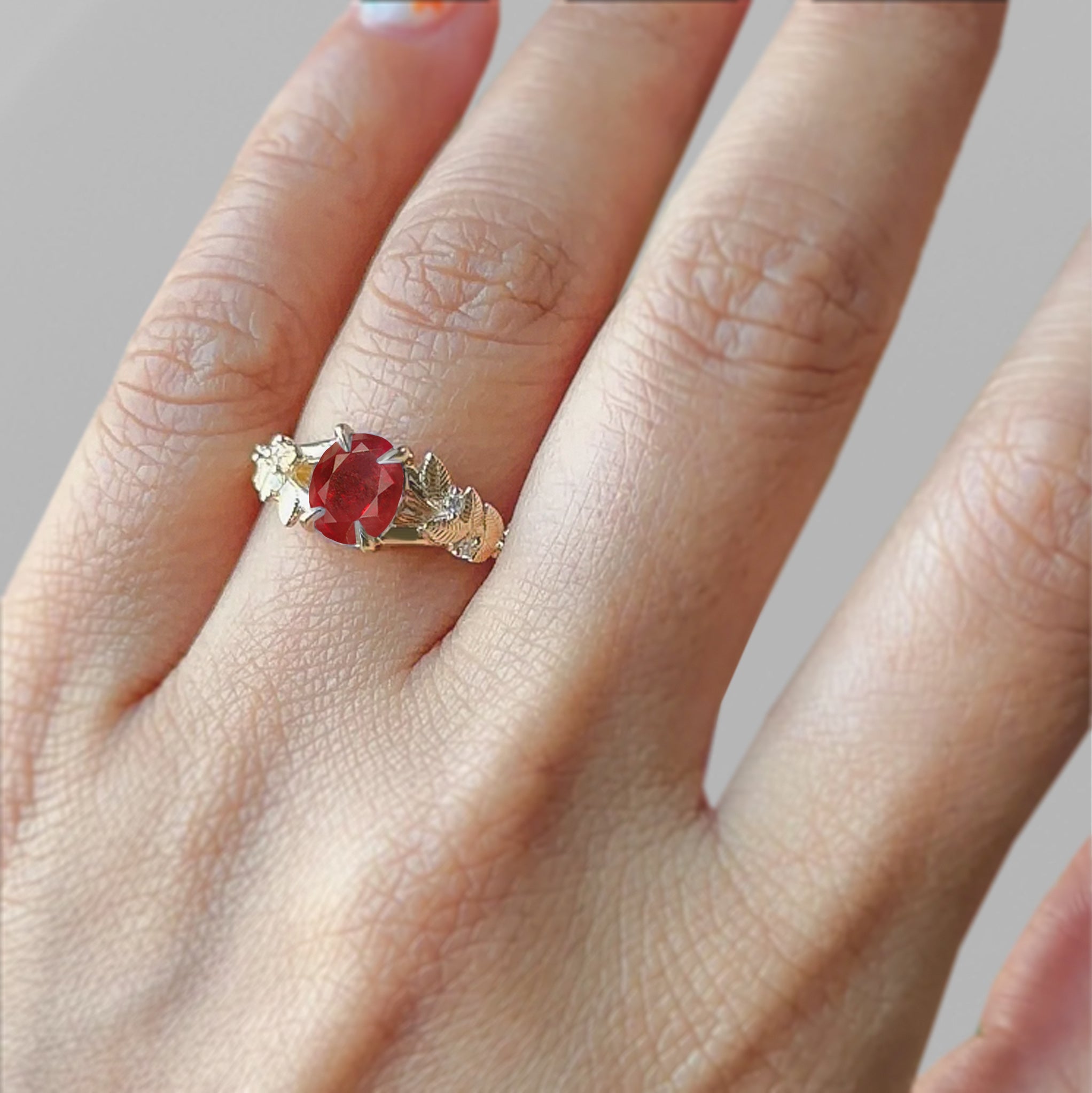 8X6 MM Oval Shape Natural Ruby Leaf Style Solitaire Ring - Goodstone Jewels