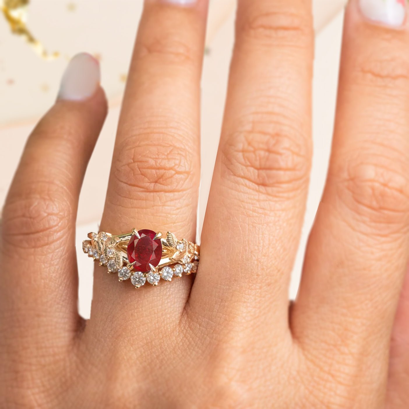 8X6 MM Oval Shape Natural Ruby Leaf Style Solitaire Ring - Goodstone Jewels