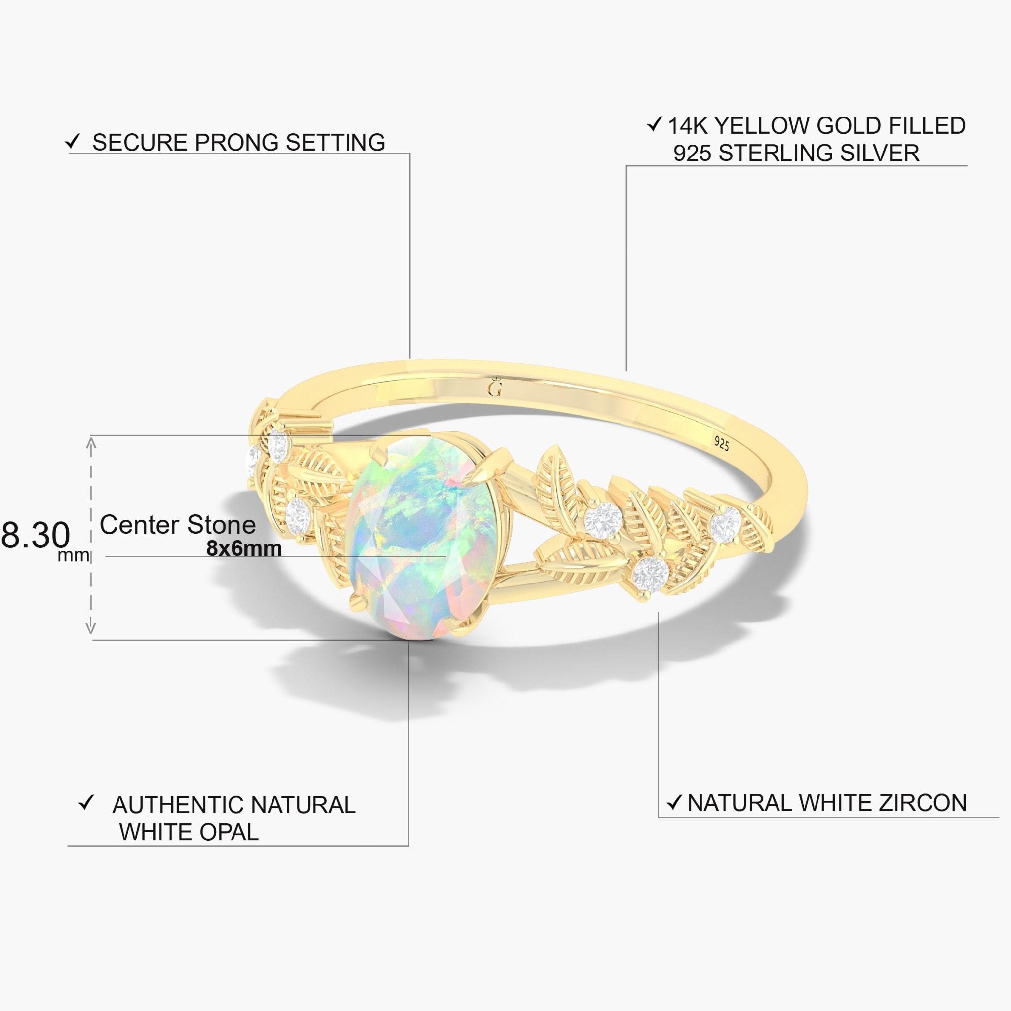 8X6 MM Oval Shape Natural White Opal Leaf Style Solitaire Ring - Goodstone Jewels