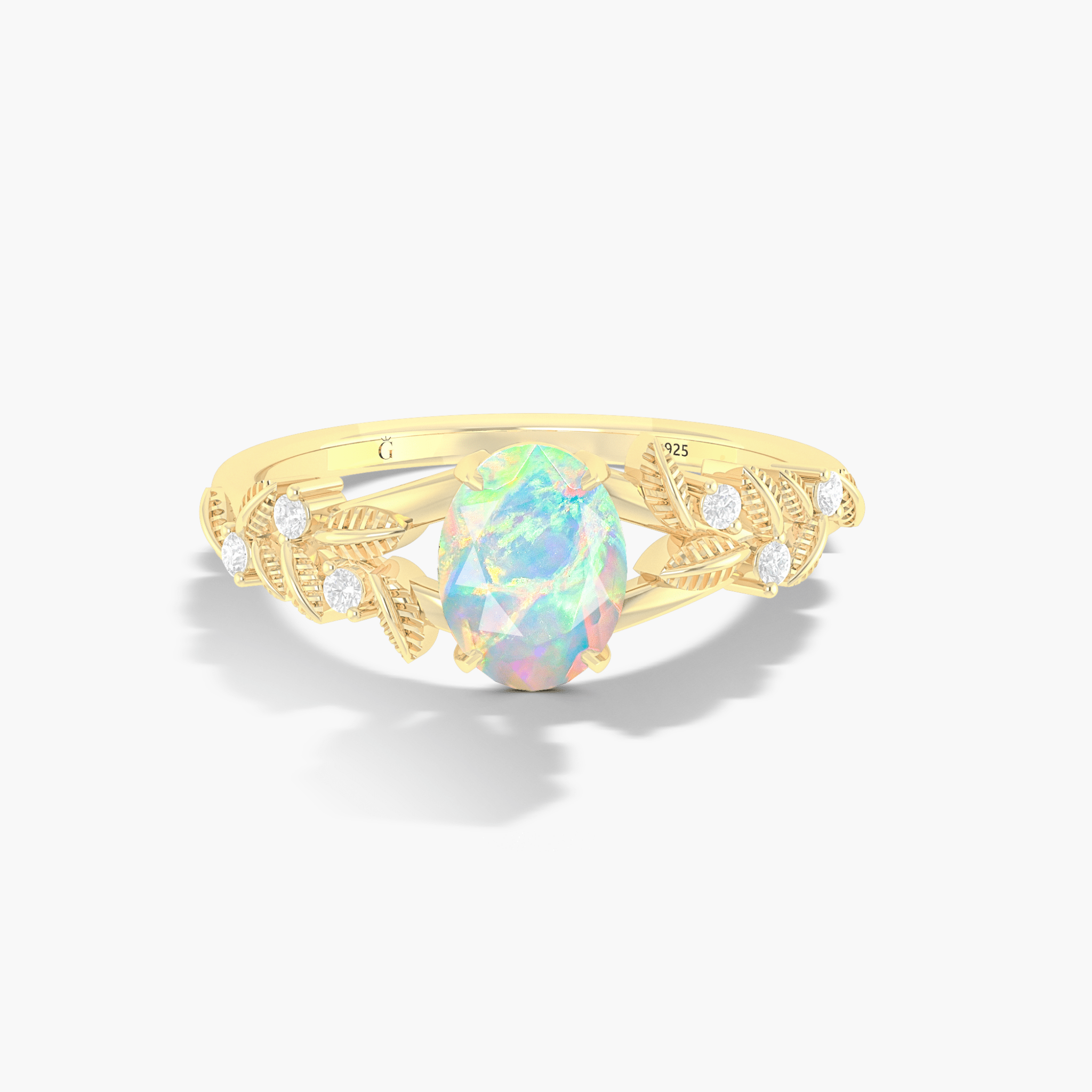 8X6 MM Oval Shape Natural White Opal Leaf Style Solitaire Ring - Goodstone Jewels