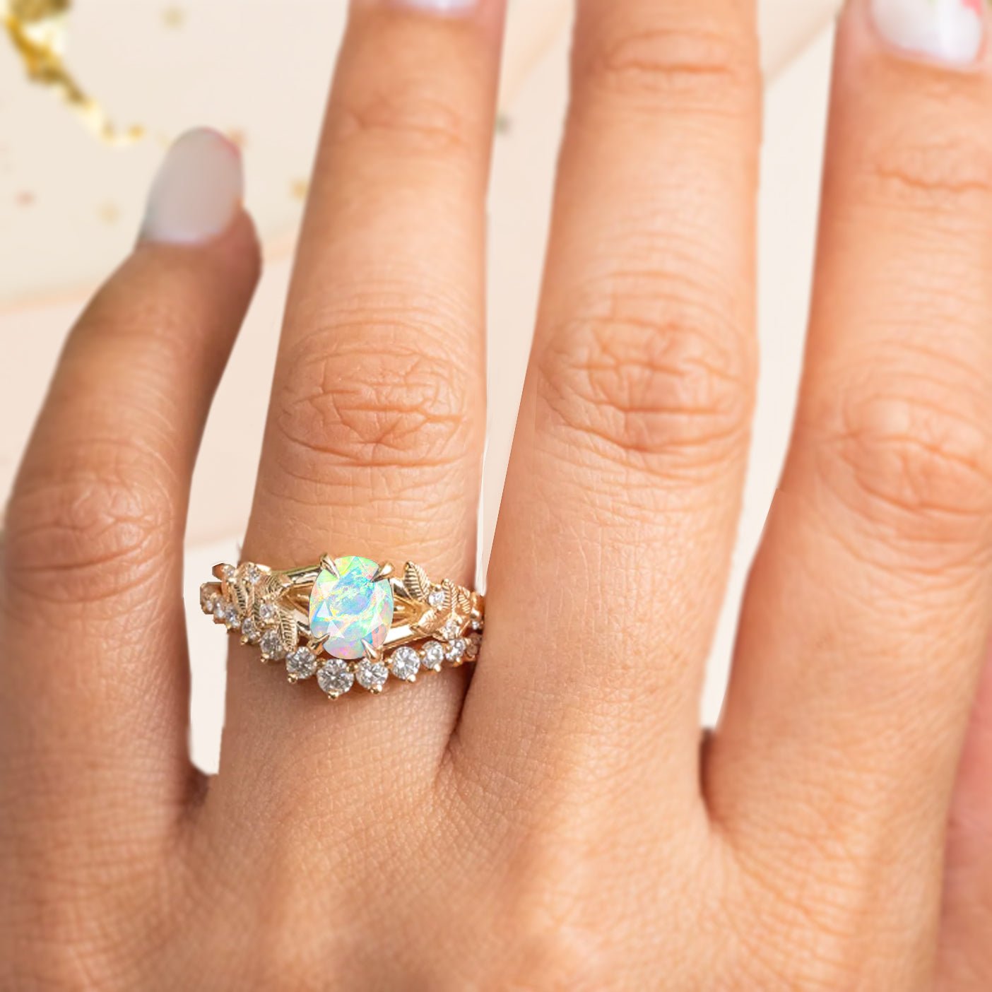 8X6 MM Oval Shape Natural White Opal Leaf Style Solitaire Ring - Goodstone Jewels