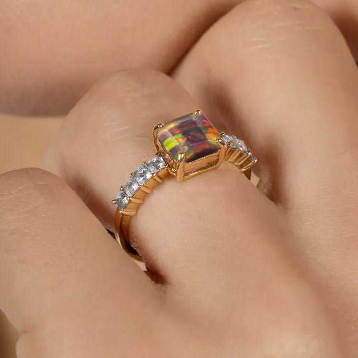 925 Sterling Silver & Yellow Gold Filled Statement Ring with Black Opal and White Zircon - Goodstone Jewels