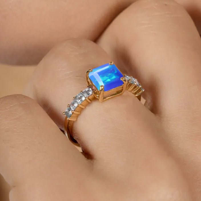 925 Sterling Silver & Yellow Gold Filled Statement Ring with Blue Opal and White Zircon - Goodstone Jewels