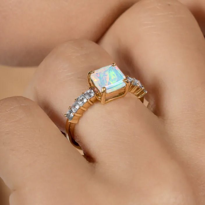925 Sterling Silver & Yellow Gold Filled Statement Ring with White Opal and Zircon - Goodstone Jewels