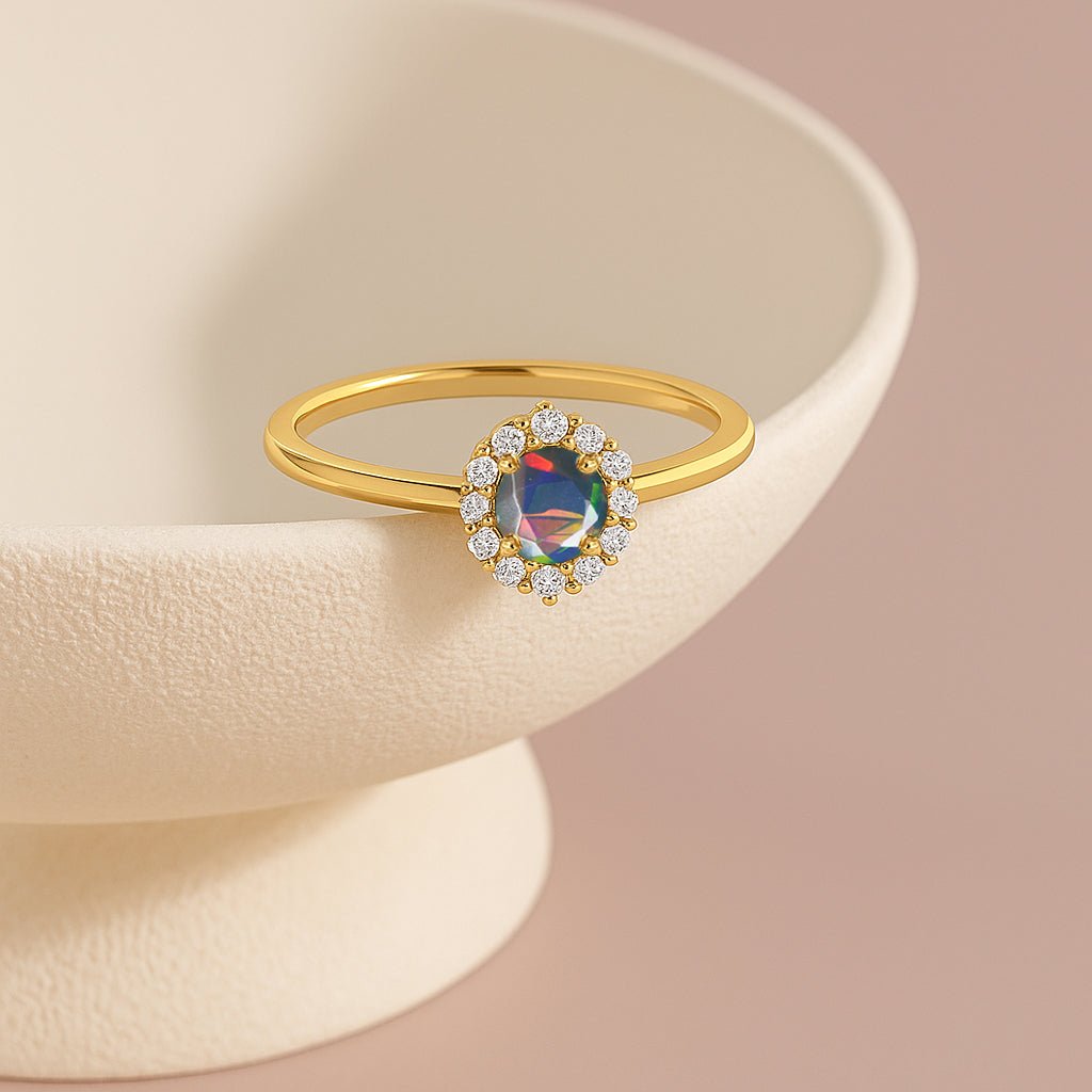 925 Sterling Silver & Yellow Gold Plated Black Fire Opal Halo Wedding Ring - Goodstone Jewels