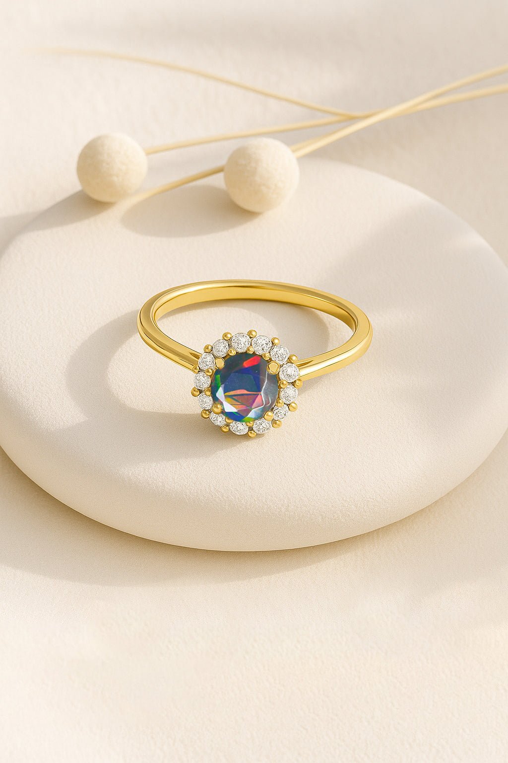 925 Sterling Silver & Yellow Gold Plated Black Fire Opal Halo Wedding Ring - Goodstone Jewels