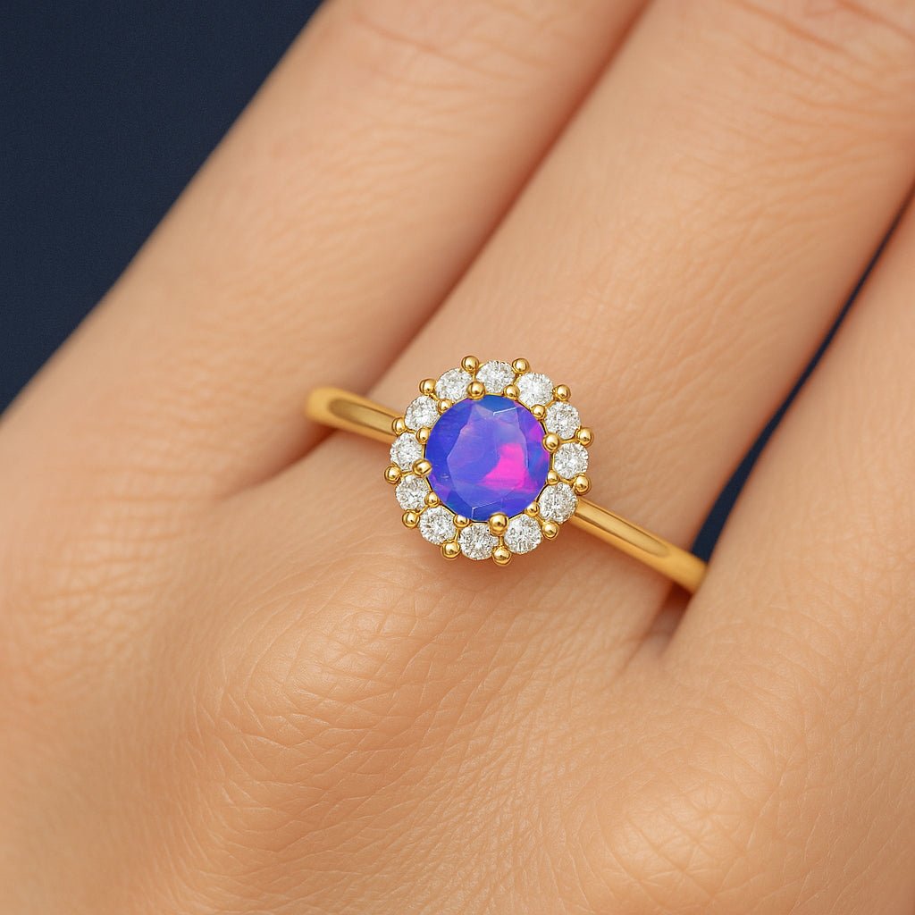 925 Sterling Silver & Yellow Gold Plated Lavender Fire Opal Halo Wedding Ring - Goodstone Jewels