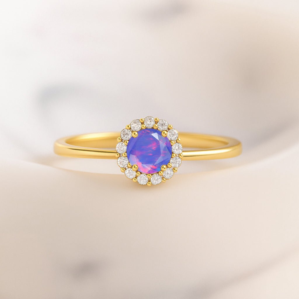 925 Sterling Silver & Yellow Gold Plated Lavender Fire Opal Halo Wedding Ring - Goodstone Jewels