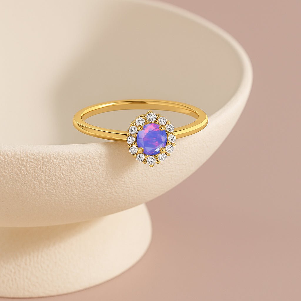 925 Sterling Silver & Yellow Gold Plated Lavender Fire Opal Halo Wedding Ring - Goodstone Jewels