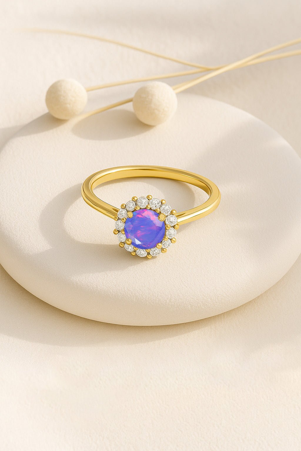 925 Sterling Silver & Yellow Gold Plated Lavender Fire Opal Halo Wedding Ring - Goodstone Jewels