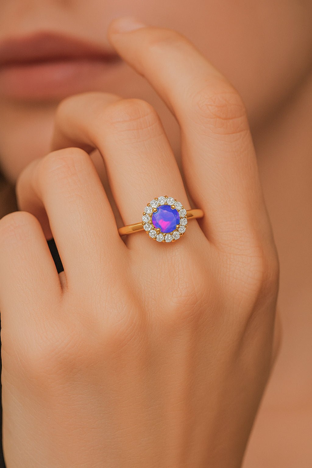 925 Sterling Silver & Yellow Gold Plated Lavender Fire Opal Halo Wedding Ring - Goodstone Jewels