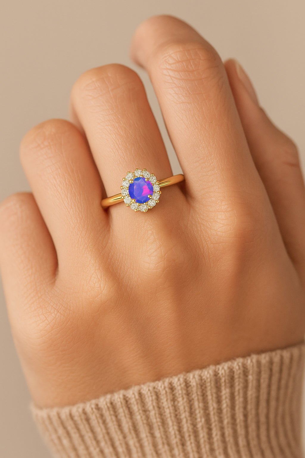925 Sterling Silver & Yellow Gold Plated Lavender Fire Opal Halo Wedding Ring - Goodstone Jewels