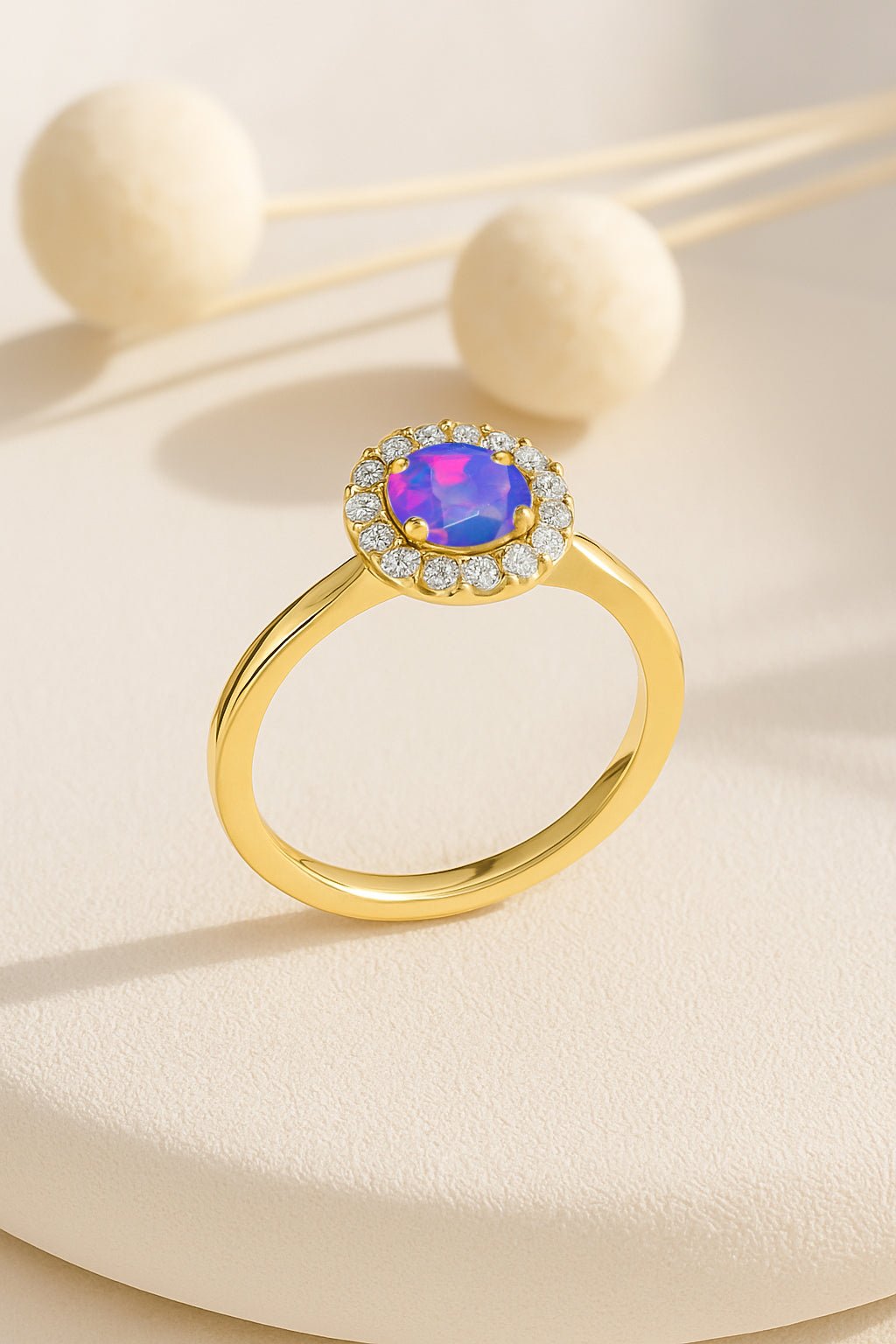 925 Sterling Silver & Yellow Gold Plated Lavender Fire Opal Halo Wedding Ring - Goodstone Jewels