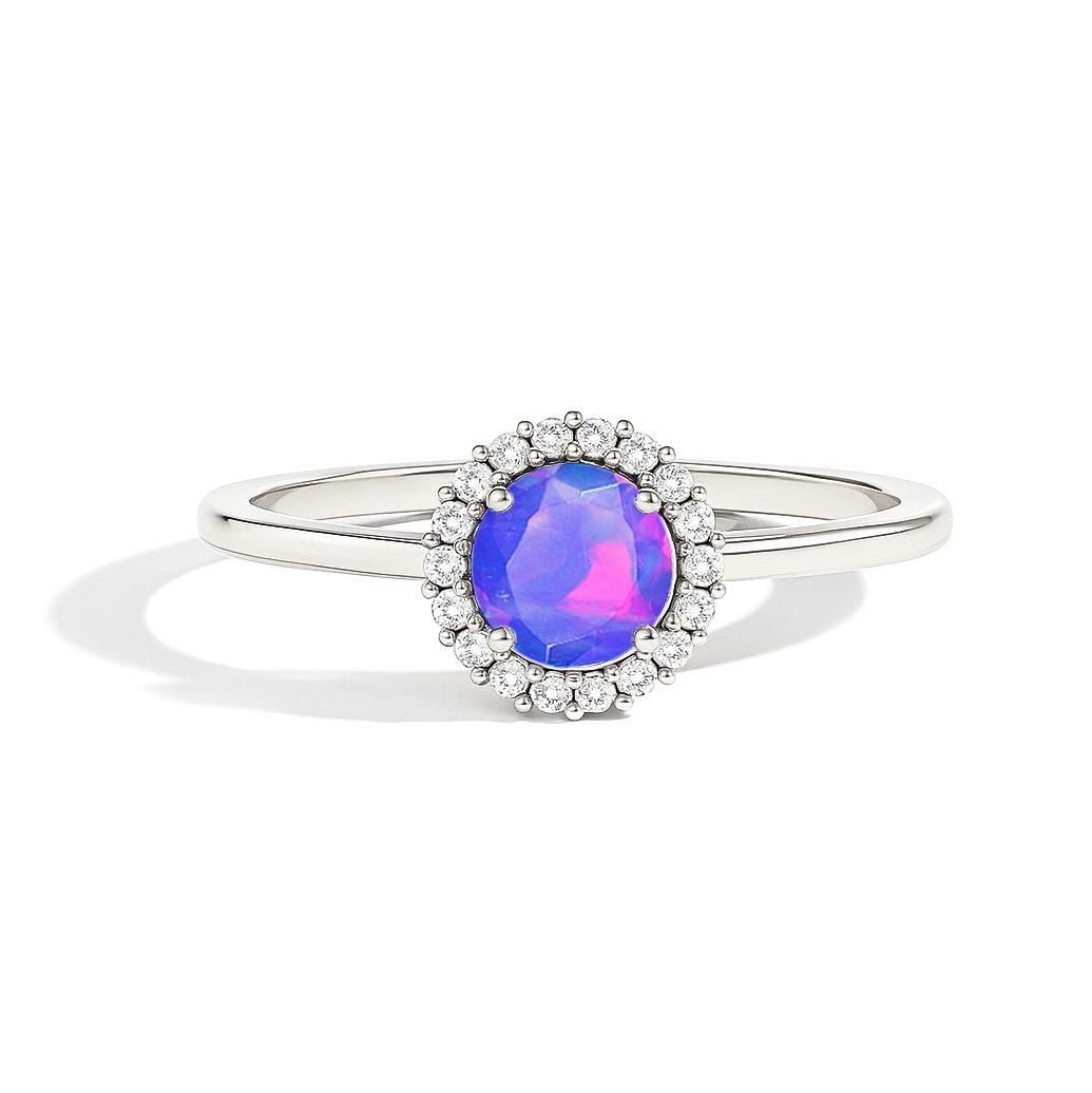925 Sterling Silver & Yellow Gold Plated Lavender Fire Opal Halo Wedding Ring - Goodstone Jewels