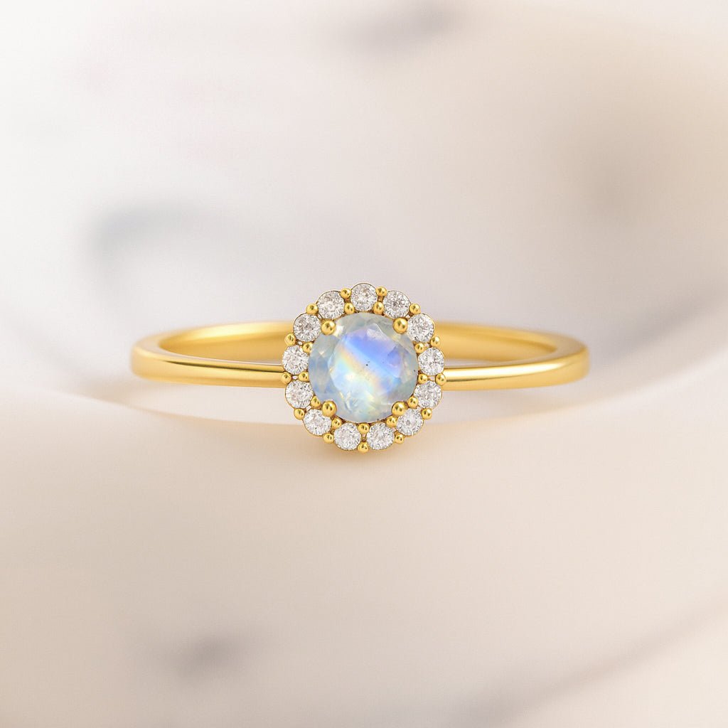 925 Sterling Silver & Yellow Gold Plated Moonstone Halo Wedding Ring - Goodstone Jewels