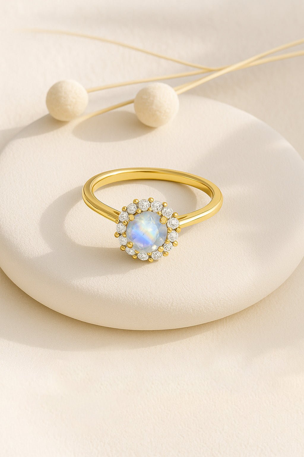 925 Sterling Silver & Yellow Gold Plated Moonstone Halo Wedding Ring - Goodstone Jewels