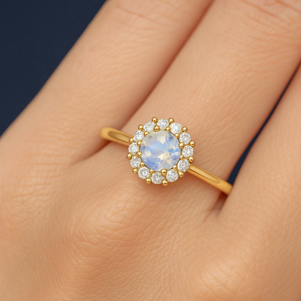 925 Sterling Silver & Yellow Gold Plated Moonstone Halo Wedding Ring - Goodstone Jewels