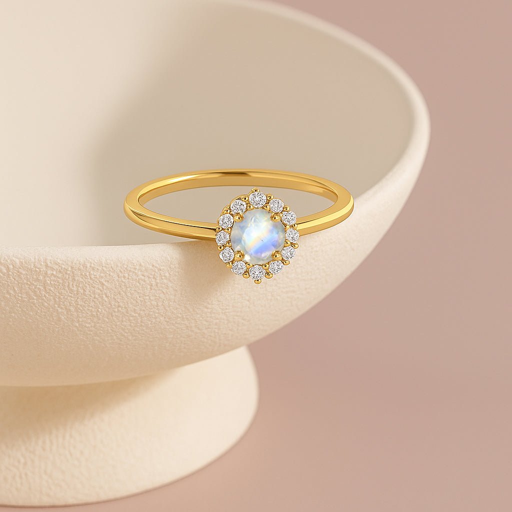 925 Sterling Silver & Yellow Gold Plated Moonstone Halo Wedding Ring - Goodstone Jewels