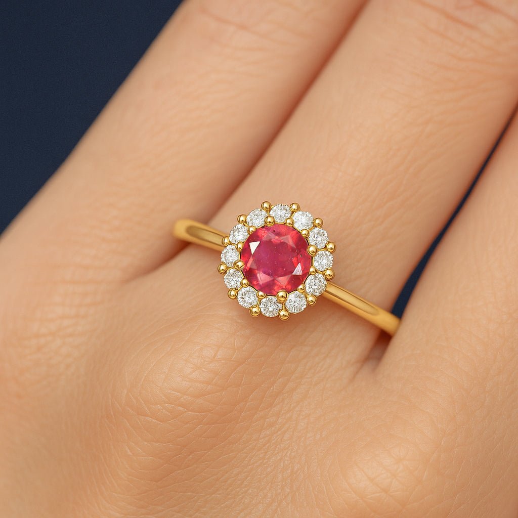 925 Sterling Silver & Yellow Gold Plated Ruby Halo Wedding Ring - Goodstone Jewels