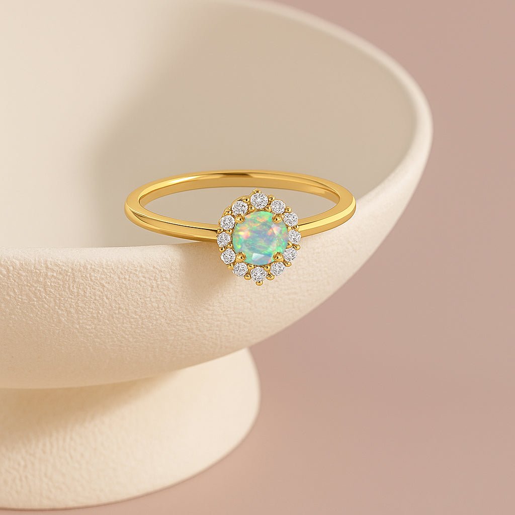 925 Sterling Silver & Yellow Gold Plated White Fire Opal Halo Wedding Ring - Goodstone Jewels