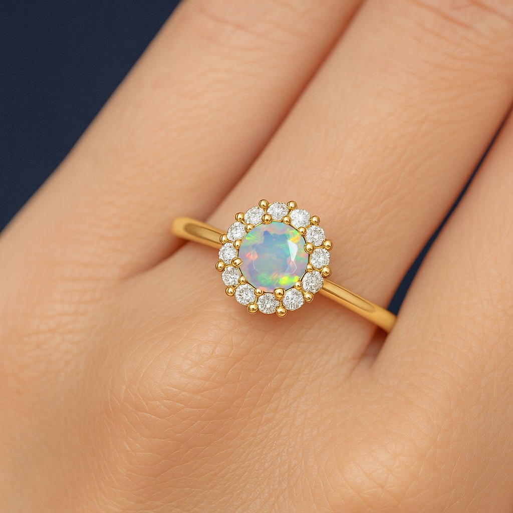 925 Sterling Silver & Yellow Gold Plated White Fire Opal Halo Wedding Ring - Goodstone Jewels