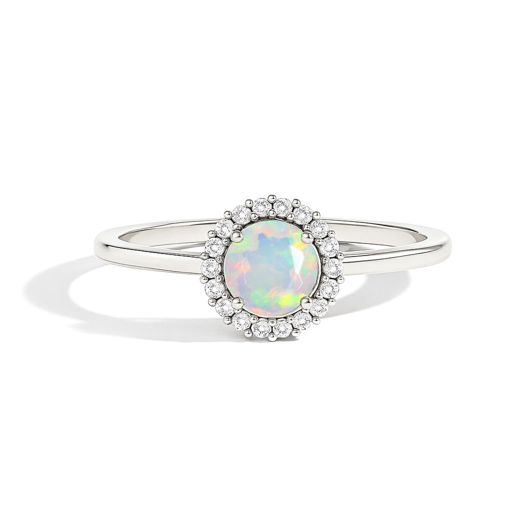 925 Sterling Silver & Yellow Gold Plated White Fire Opal Halo Wedding Ring - Goodstone Jewels