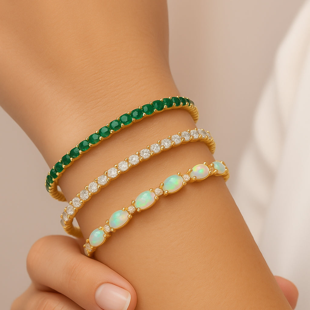 Elegant opal and gemstone bracelets stack – gold plated opal bracelet with green and white stone bangles