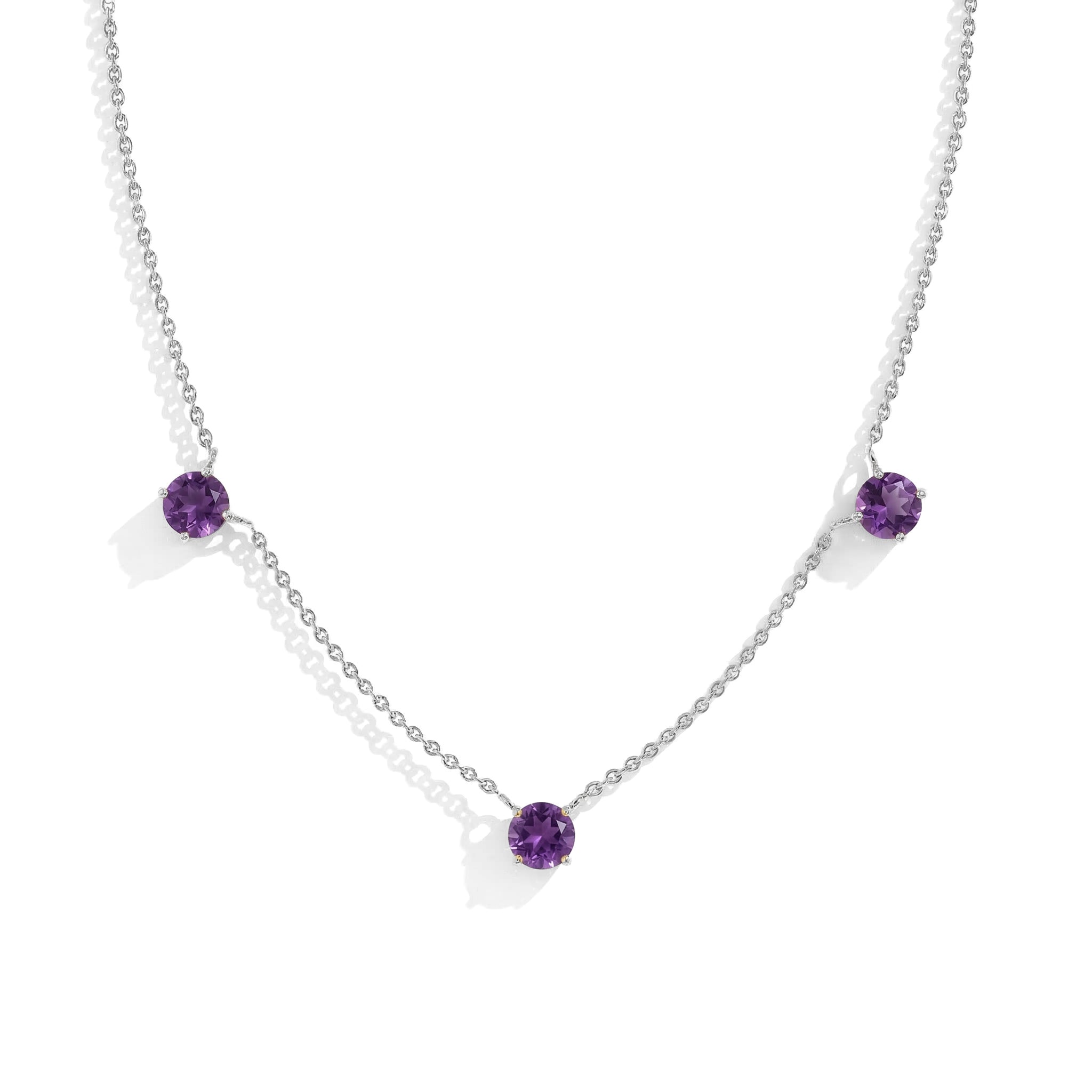 "Dainty Amethyst necklace with three 5MM round gemstones in 925 Sterling Silver.