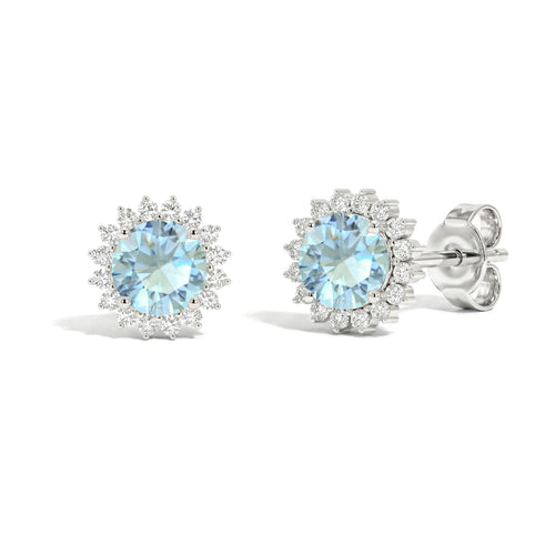 Aquamarine Round Halo Stud Earrings in 925 Sterling Silver 5 MM 1.3ct