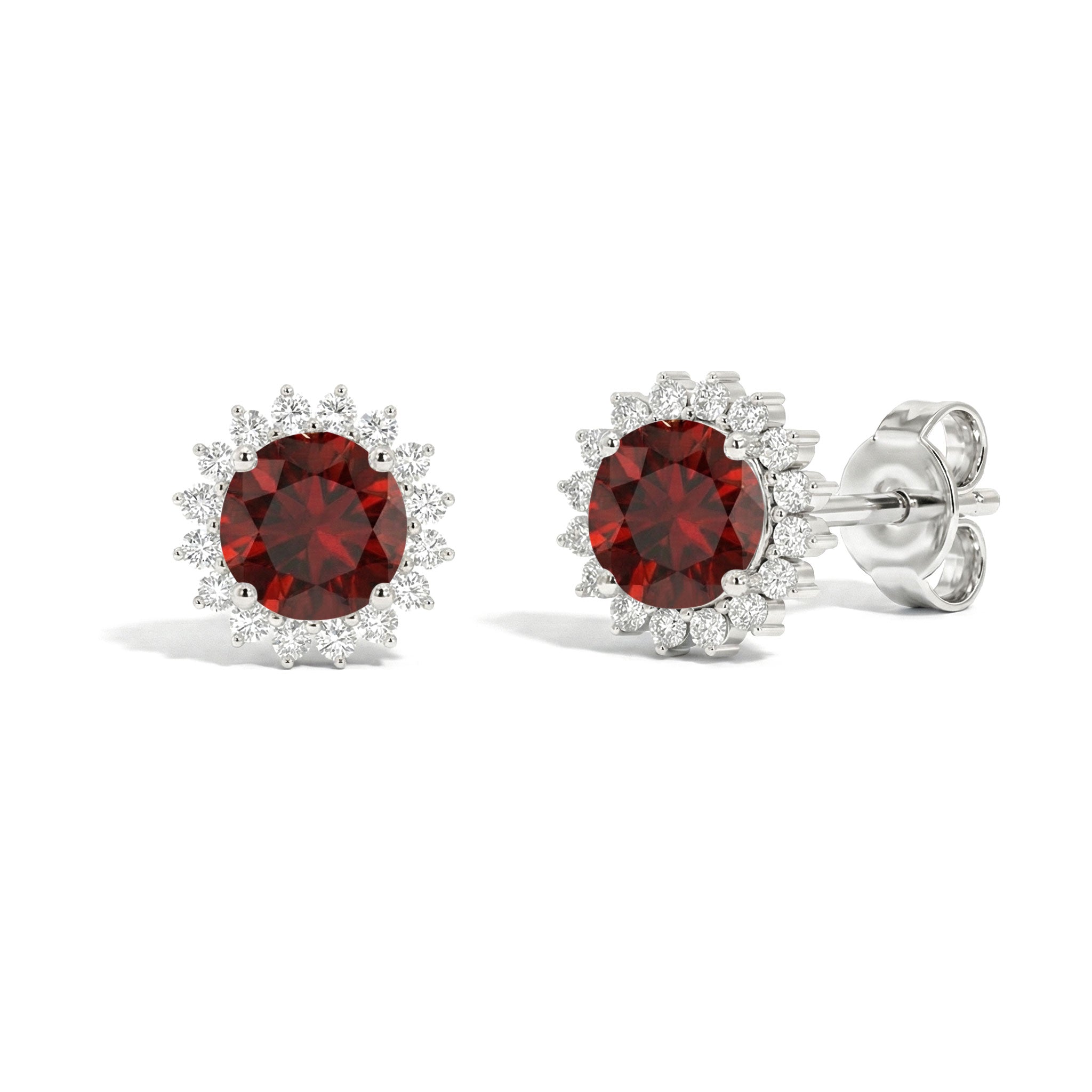 Garnet stud earrings round halo silver design