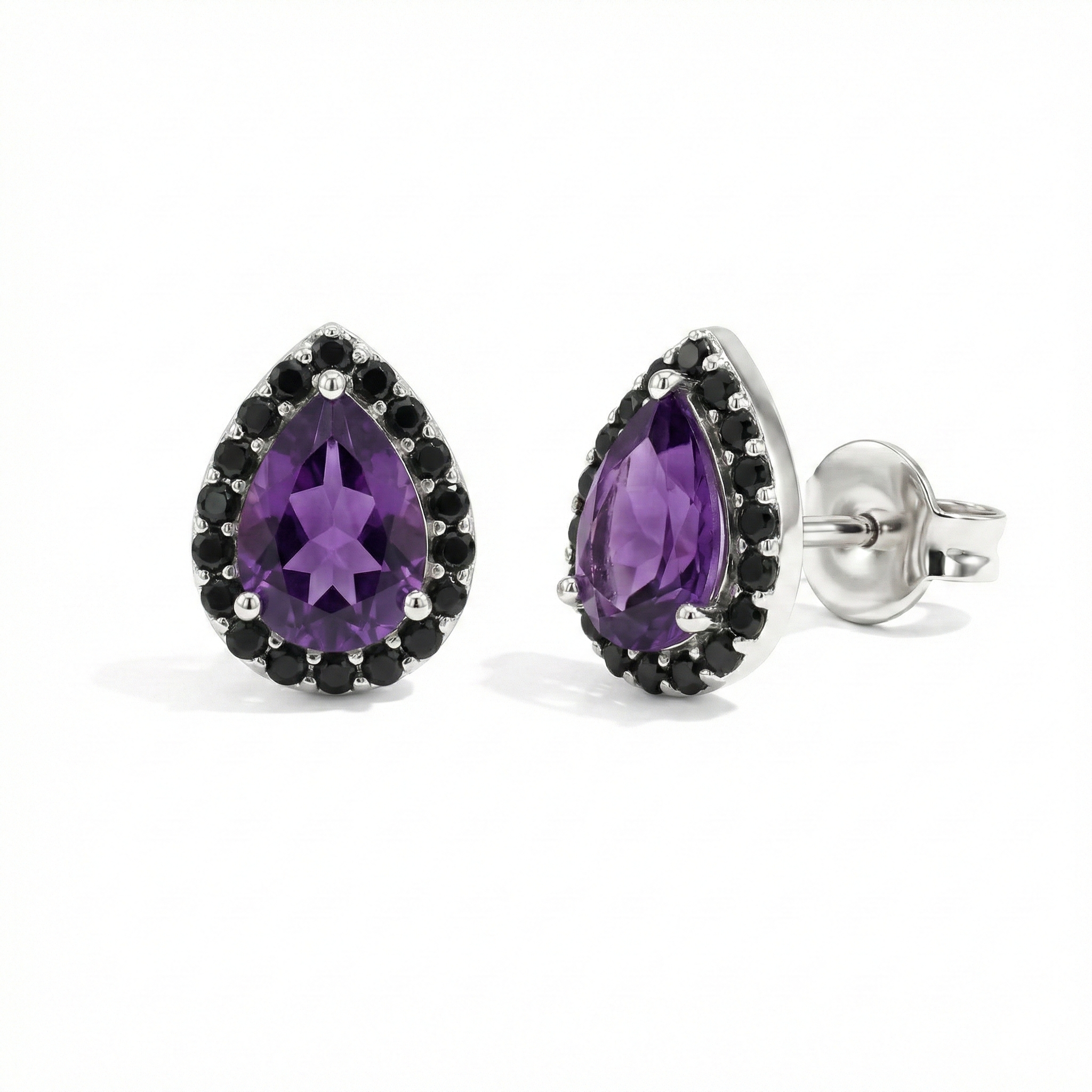 Amethyst & Onyx Earrings for Women, Pear Cut Gemstone Studs, Elegant February Birthstone Jewelry Gift