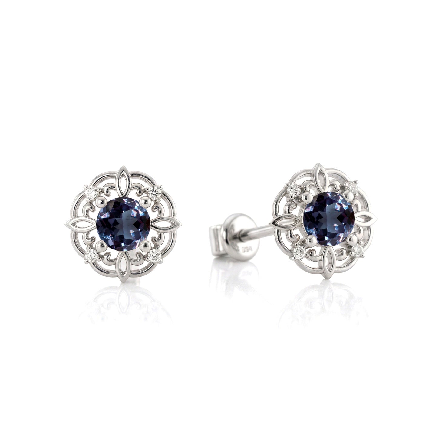 Alexandrite round halo stud earrings sterling silver