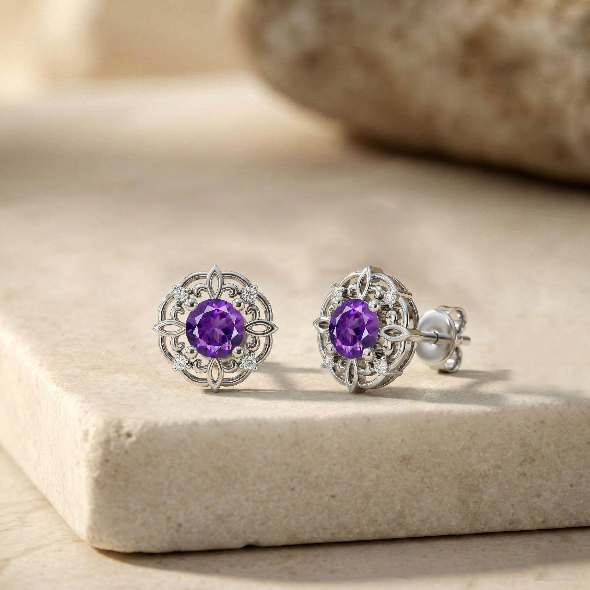 Amethyst Round Halo Stud Earrings in 925 Sterling Silver 5MM 1.30ct