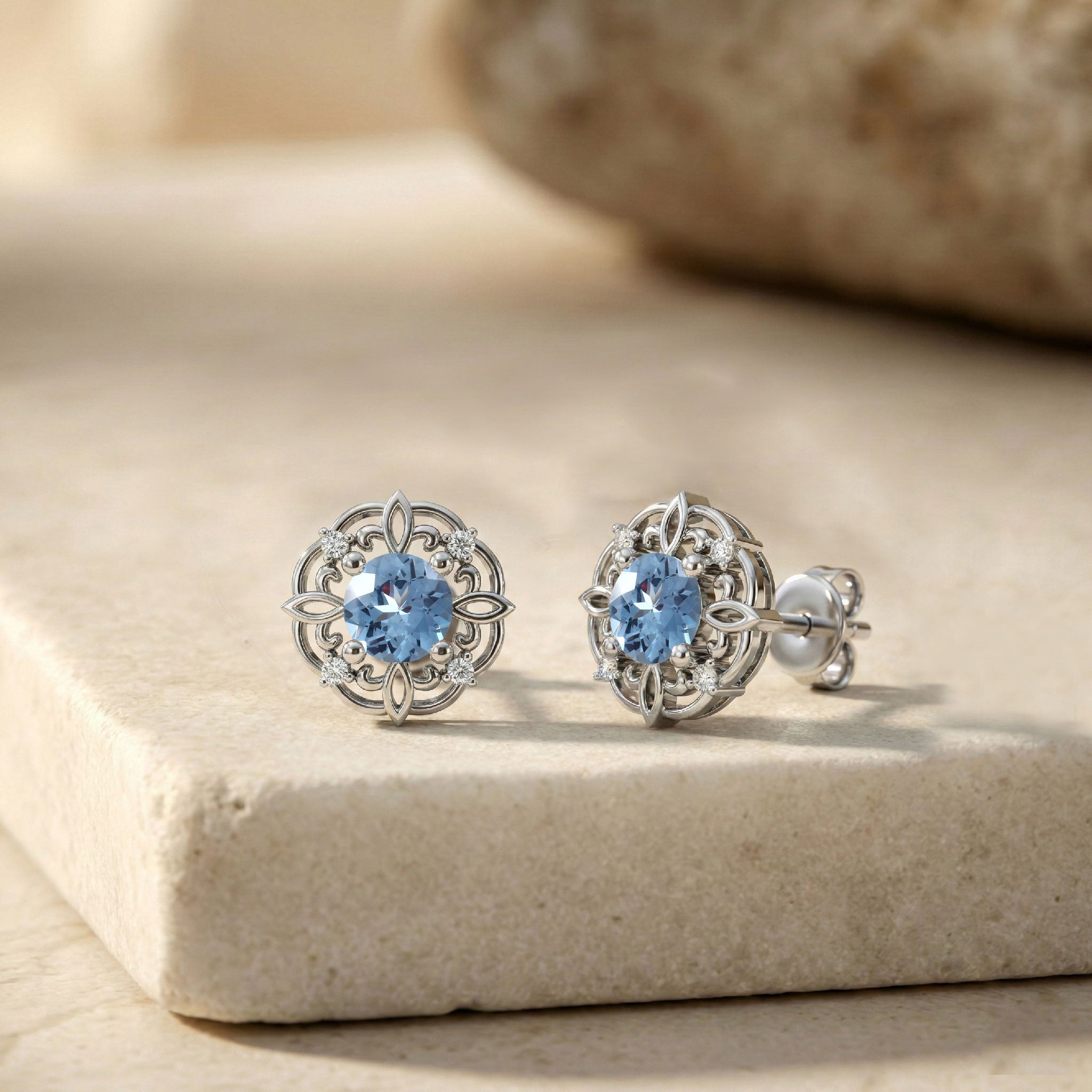 Aquamarine Round Halo Stud Earrings in 925 Sterling Silver 5MM 1.30ct