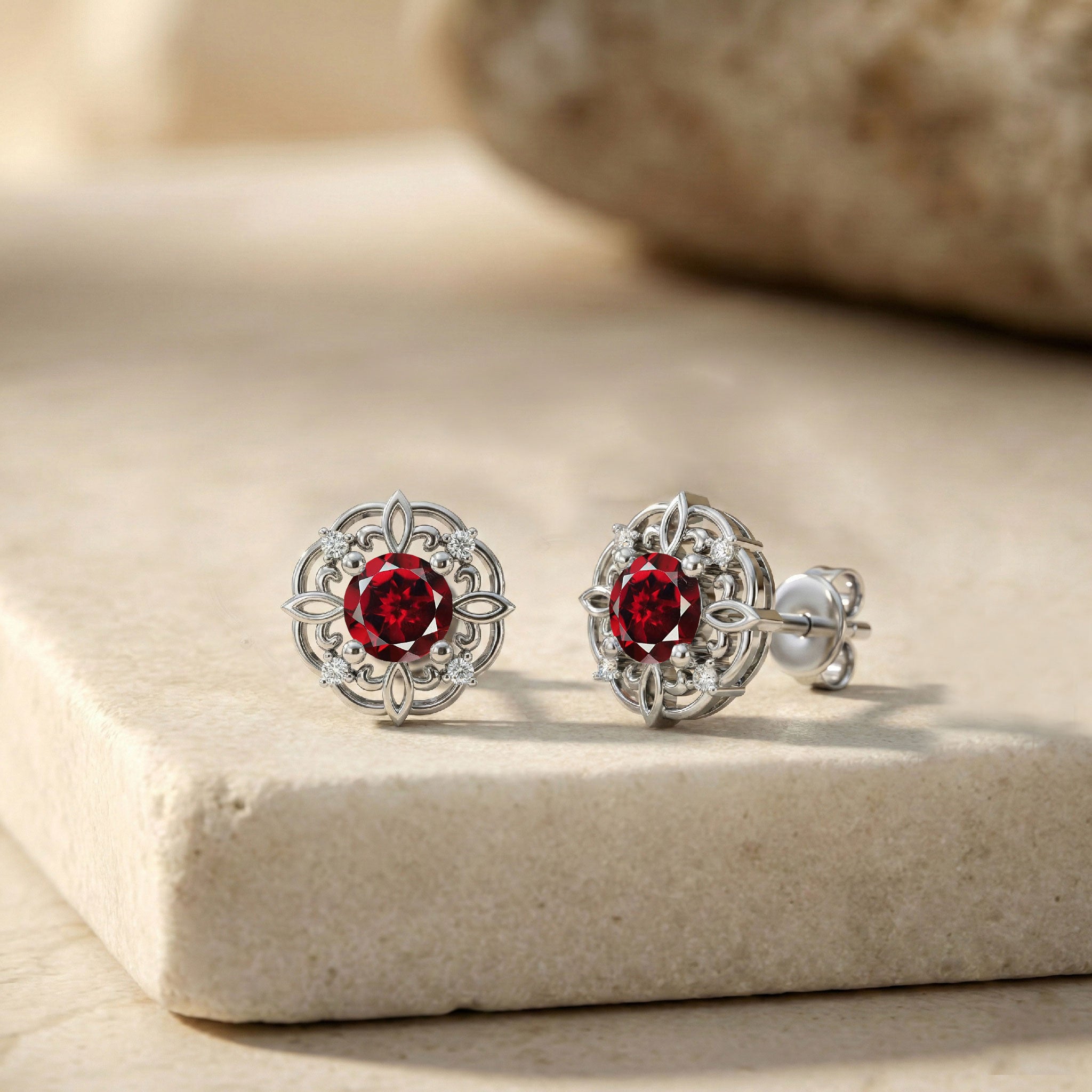 Red gemstone halo earrings classic round style