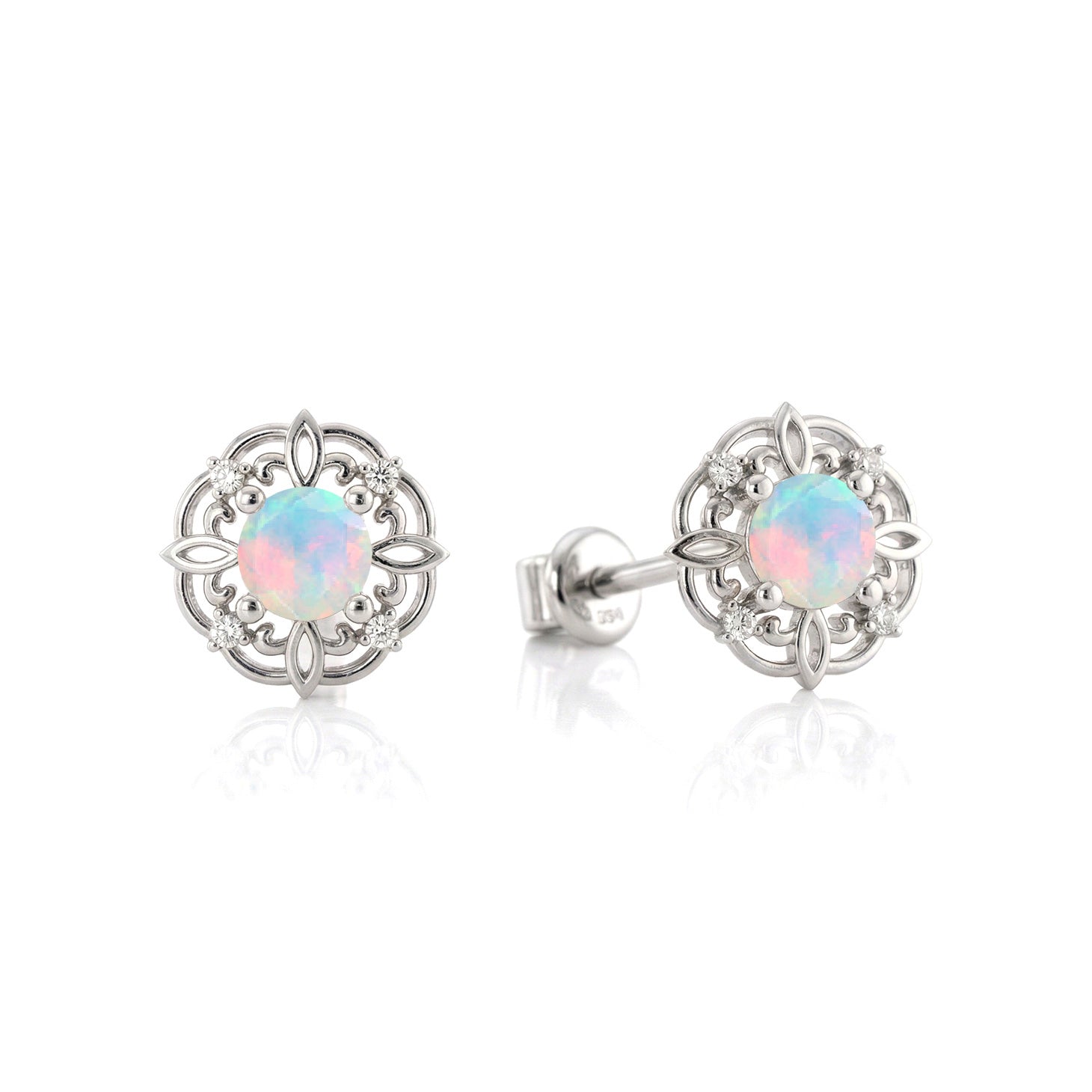 White Opal Round Halo Stud Earrings in 925 Sterling Silver 5MM 1.30ct